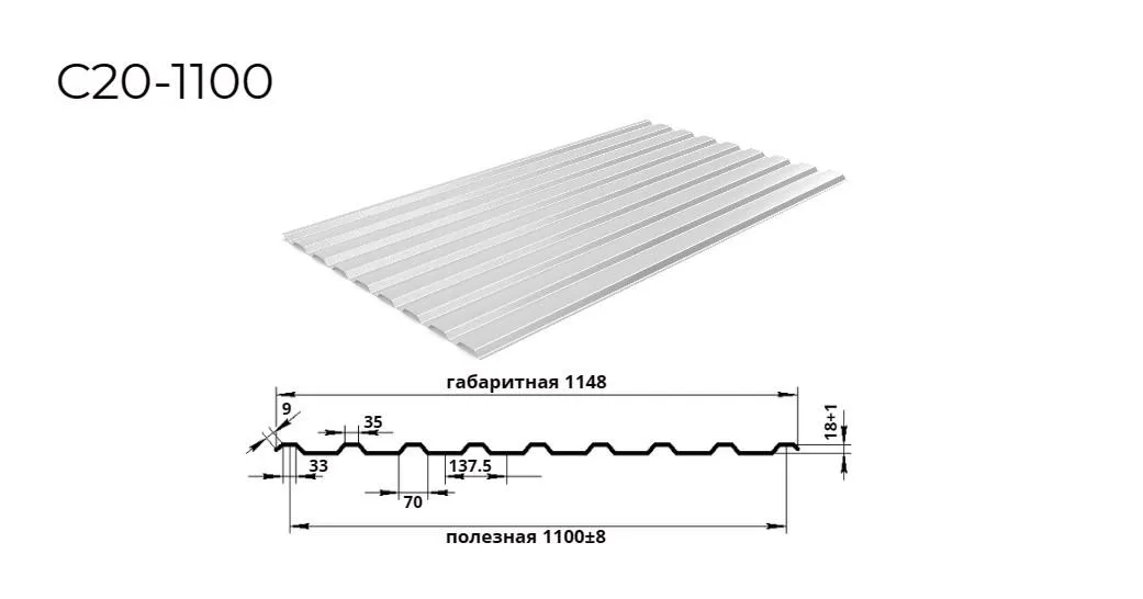 профнастил С20 0,4 мм ширина 1100 мм оцинкованный 