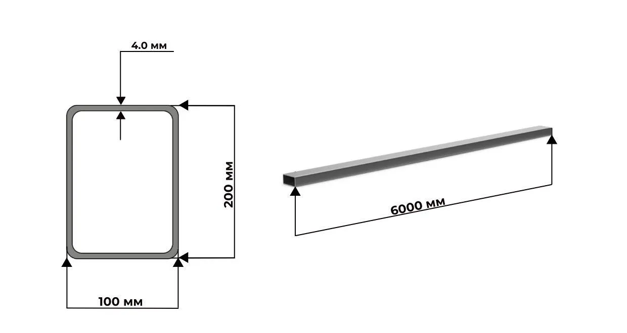 труба нержавеющая прямоугольная 200х100х4 AISI 304 (08Х18Н10) матовая 